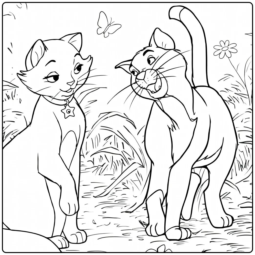 The Aristocats Kleurplaat met twee katten en vlinder