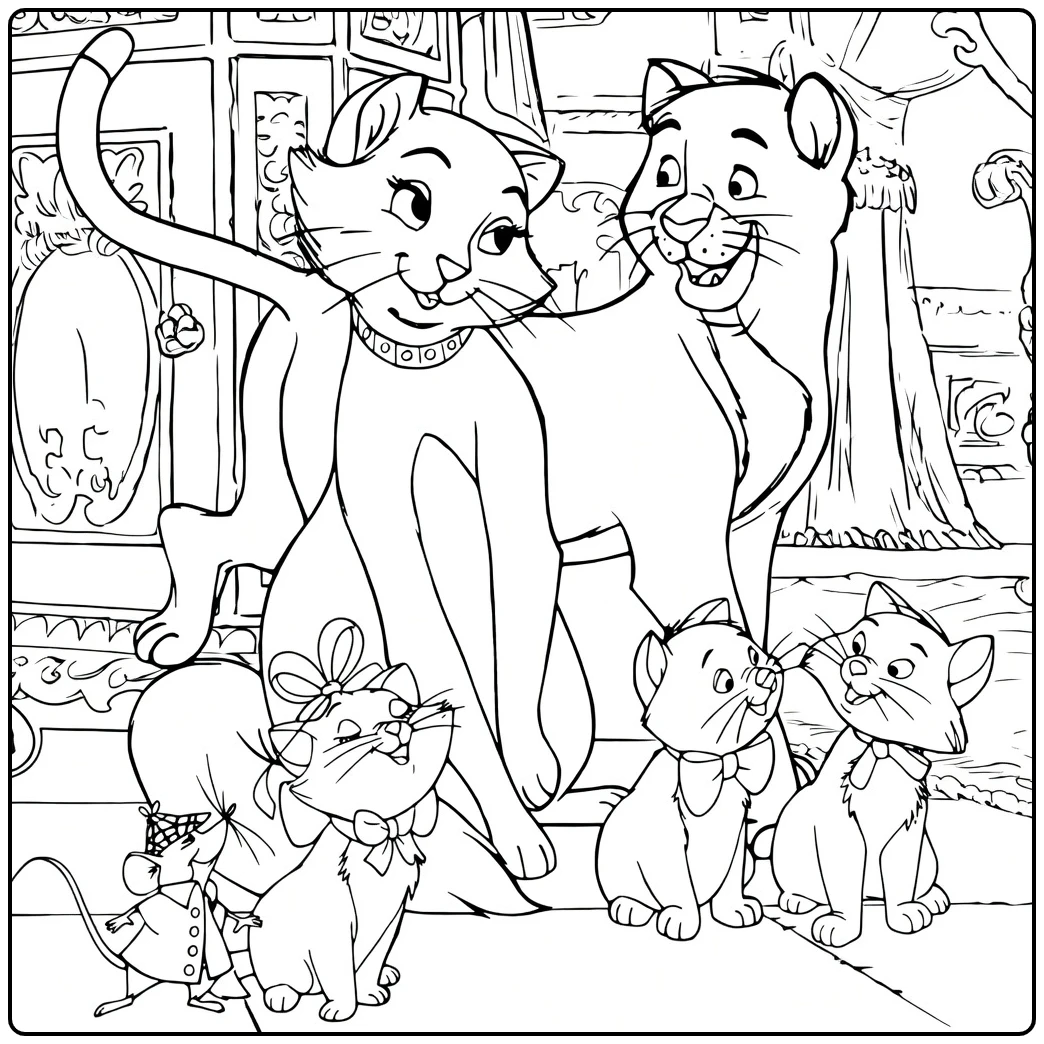 The Aristocats Kleurplaat met kattenfamilie en muis