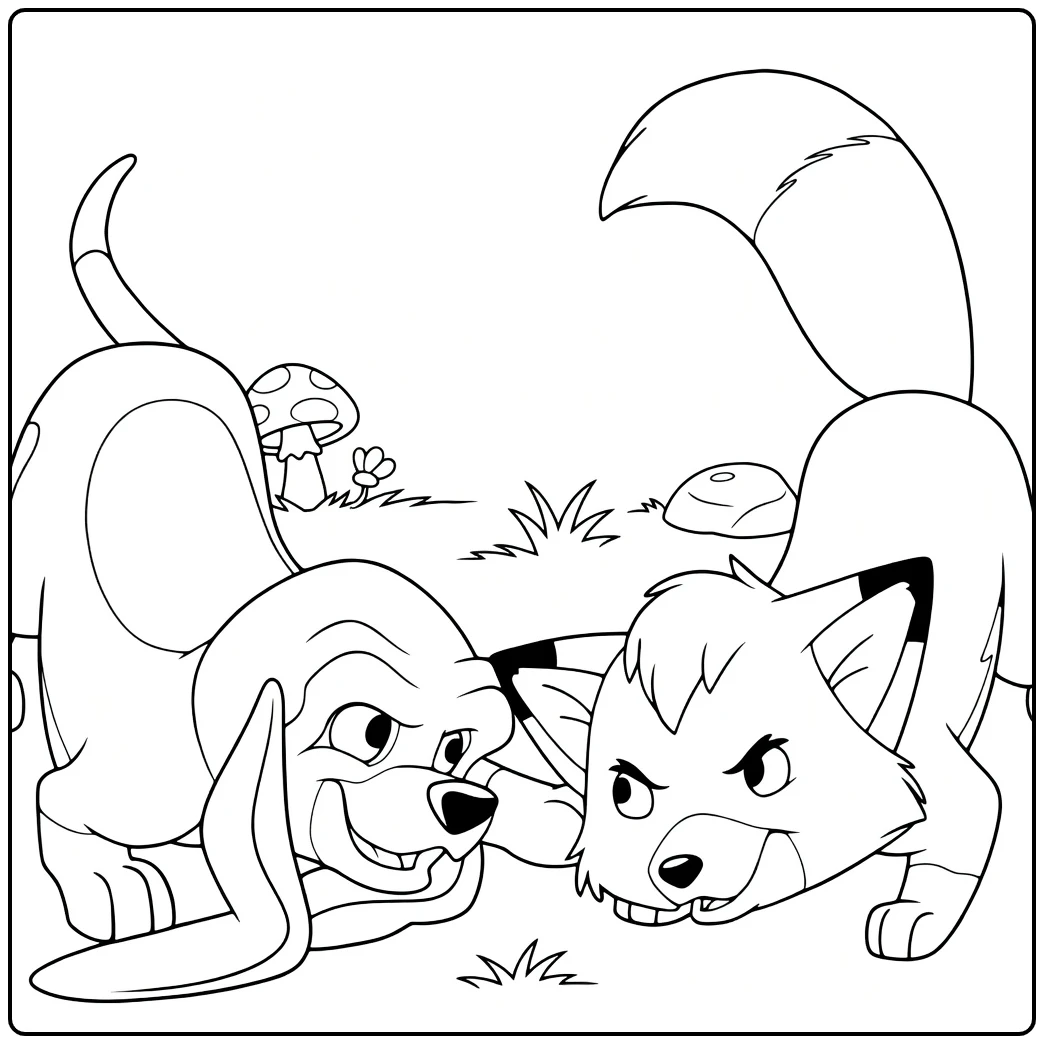 The Fox and the Hound Kleurplaat met hond en vos in bos