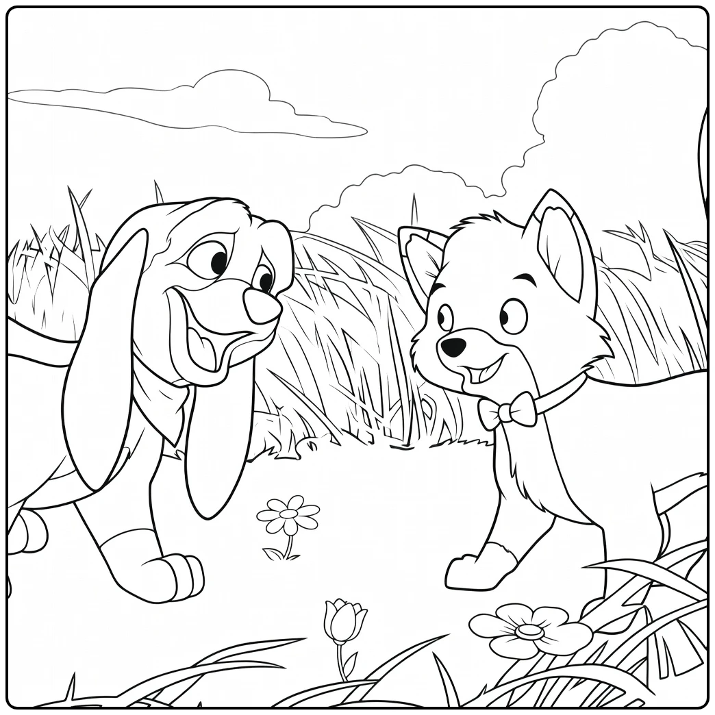 The Fox and the Hound Kleurplaat met hond en vos in de natuur