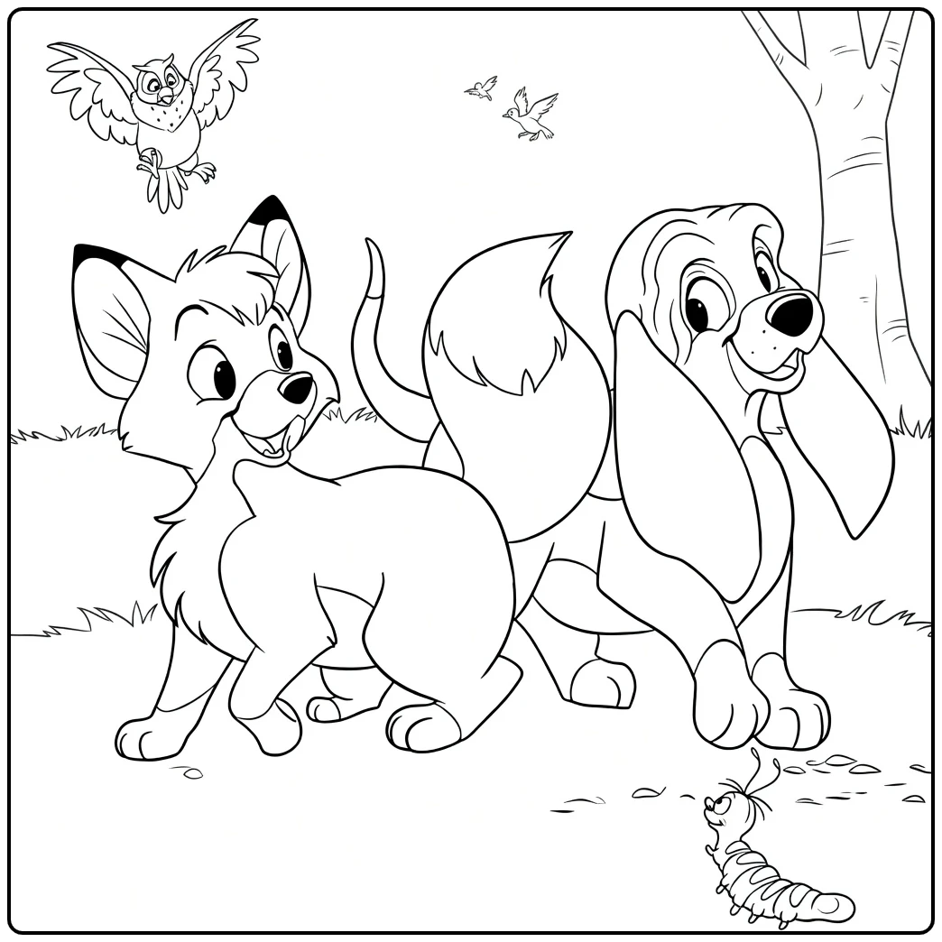 The Fox and the Hound Kleurplaat met vos hond en uil