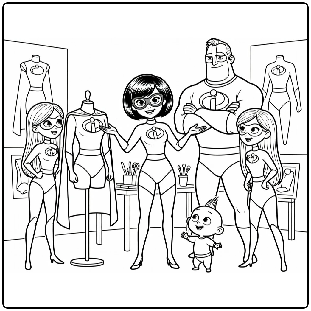 the incredibles kleurplaat Edna Mode met Parr familie