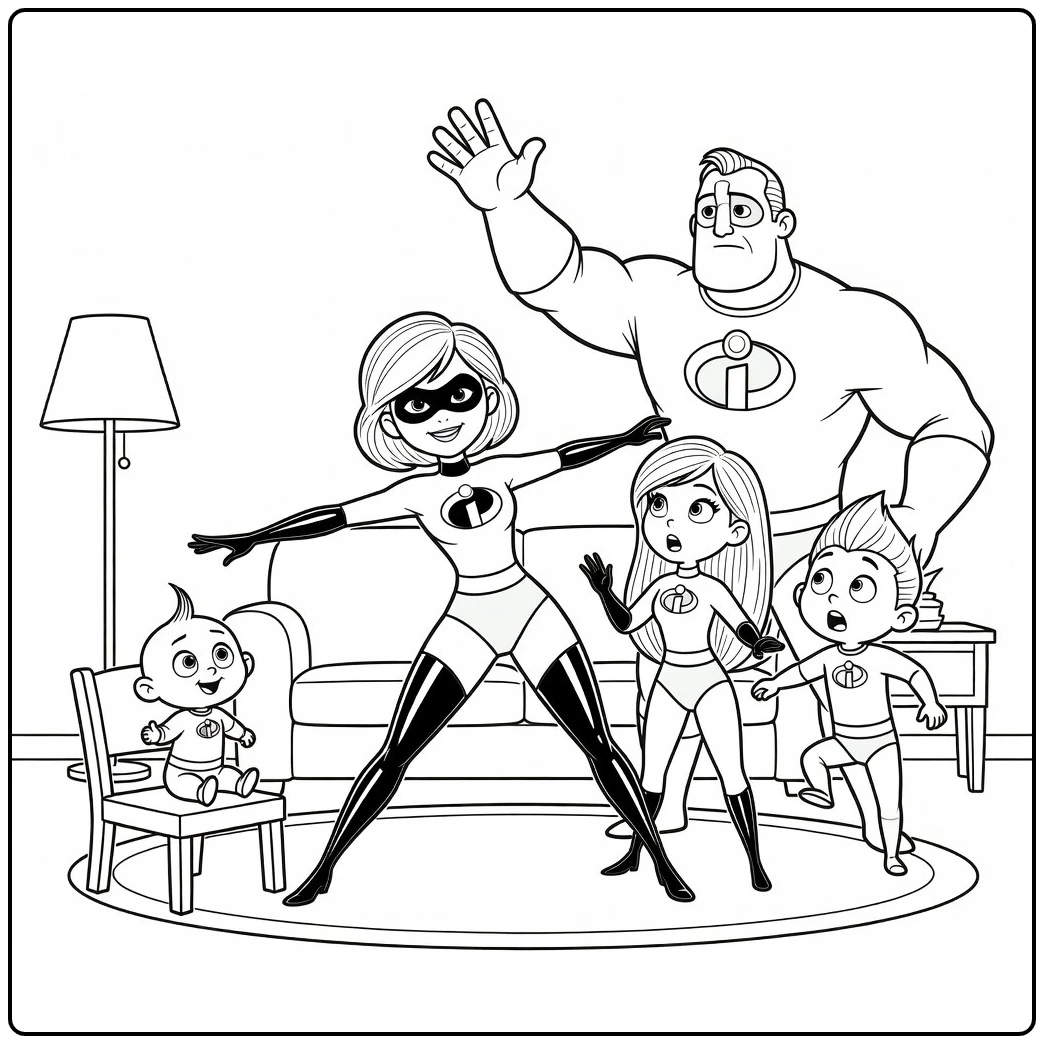 the incredibles kleurplaat Elastigirl redt Jack-Jack van stoel