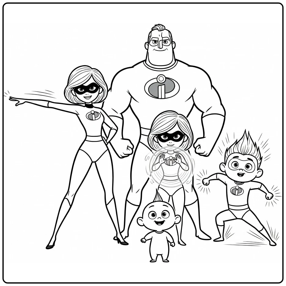 the incredibles kleurplaat Parr familie superheldenpose