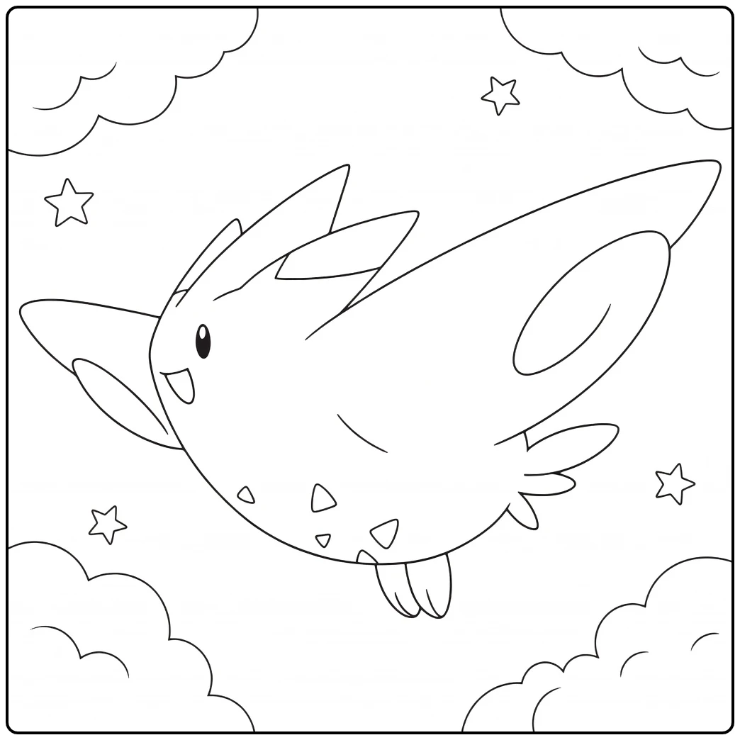Togekiss Kleurplaat: vliegend met wolken en sterren