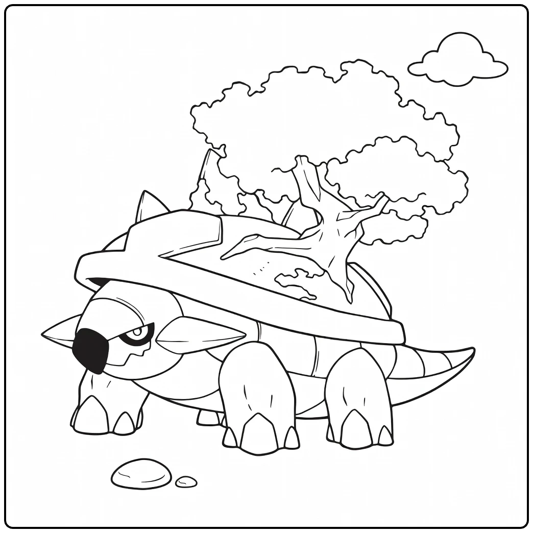 Torterra Kleurplaat: Pokémon met boom op rug en wolk