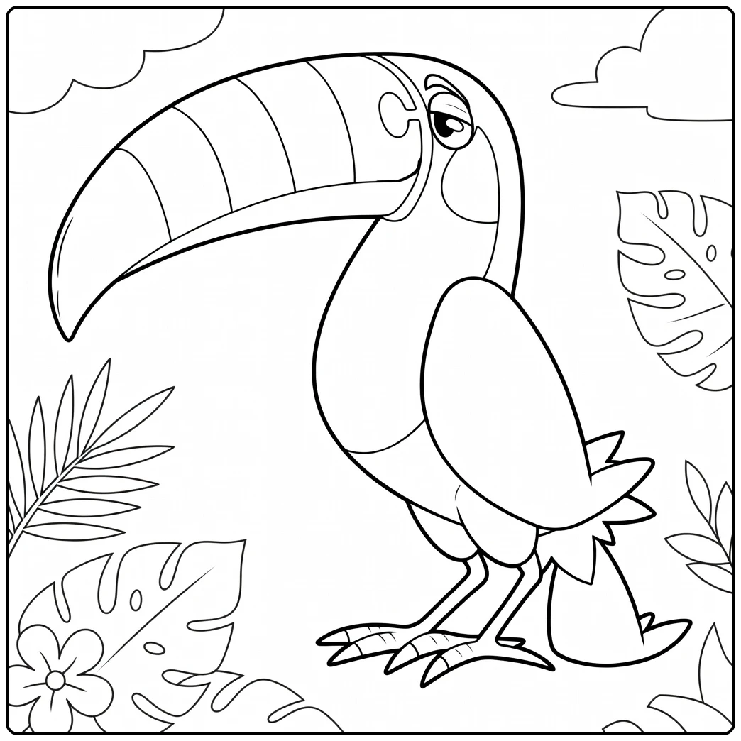 Toucannon Kleurplaat met tropische bladeren en wolken