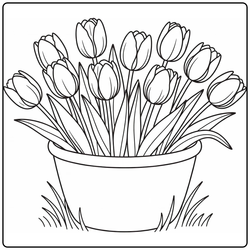 Tulp kleurplaat met mand vol tulpen op gras