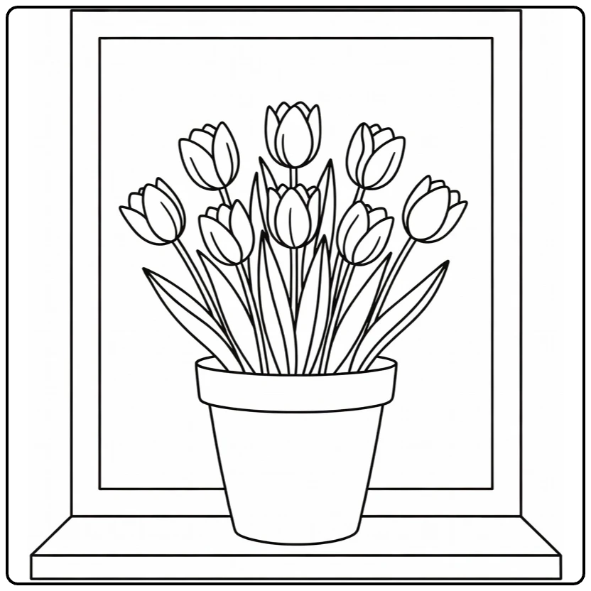 Tulp kleurplaat van tulpen in pot op vensterbank met raam