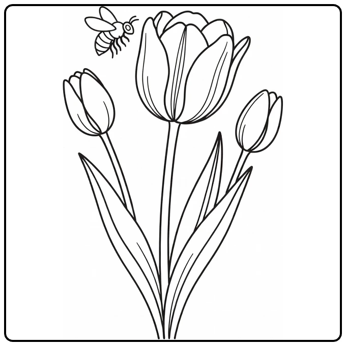 Tulp kleurplaat met bij bij tulp en knoppen