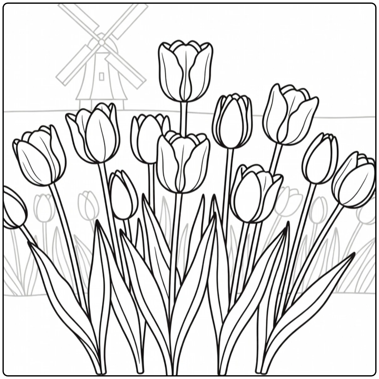 Tulp kleurplaat met tulpen en windmolen in tuin