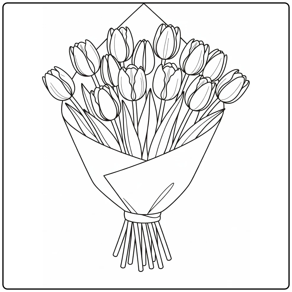 Tulp kleurplaat met tulpen in marktboeket
