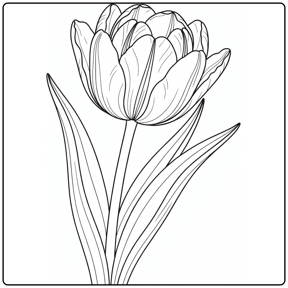 Tulp kleurplaat met gelaagde bloemblaadjes en gracieuze bladeren