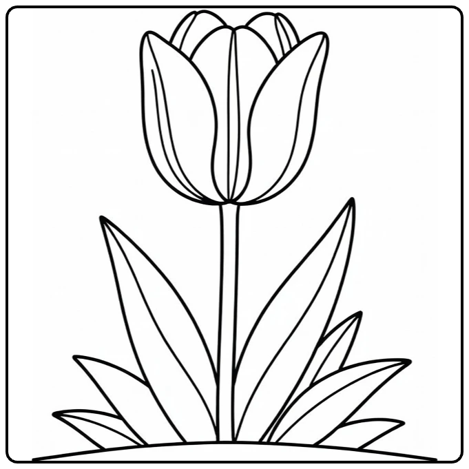 Tulp kleurplaat met elegante bloeiende tulp in bloembed