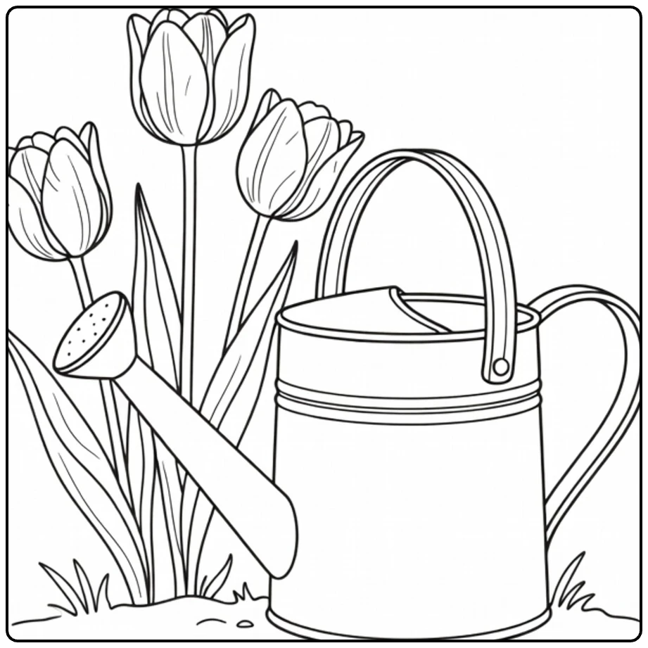 Tulp kleurplaat met gieter naast drie bloeiende tulpen