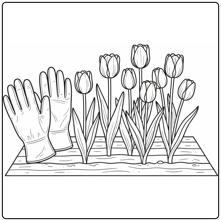 Tulp kleurplaat met tuinhandschoenen en verse tulpen