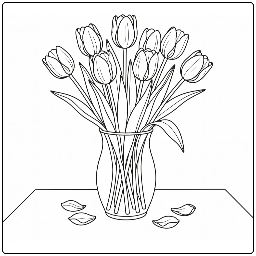 Tulp kleurplaat met vaas vol tulpen op tafel