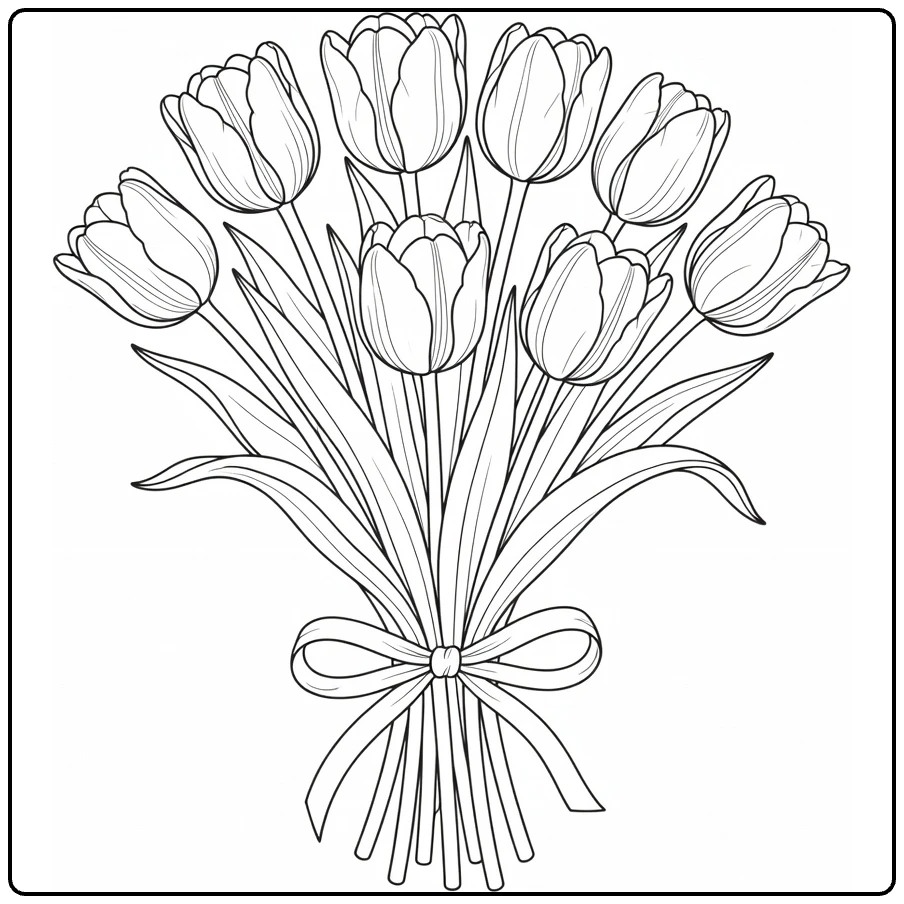 tulp kleurplaat met boeket tulpen en lint