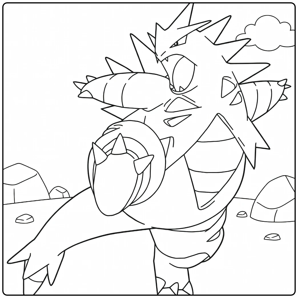 Tyranitar kleurplaat: brullende Pokémon met spikes en rotsen