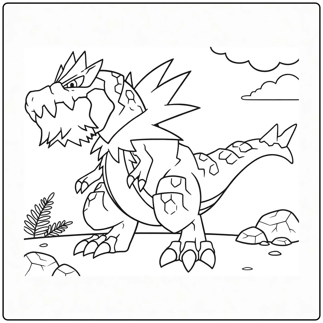 Tyrantrum Kleurplaat: stoere dinosaurus Pokémon op rotsen