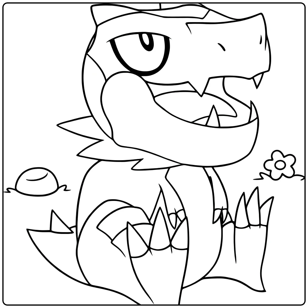 Tyrunt kleurplaat: felle Pokémon dino met tanden en spikes