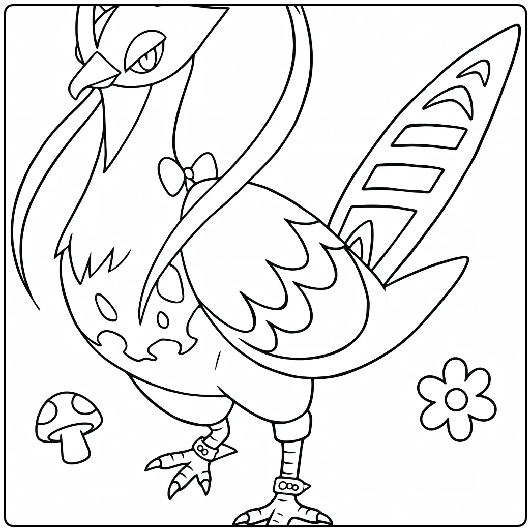 Unfezant Kleurplaat: vrouwelijke Pokémon met strik en bloemen