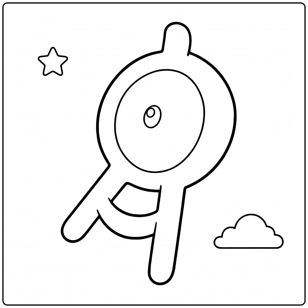 Unown Kleurplaat: mysterieus oog-Pokémon met ster en wolk