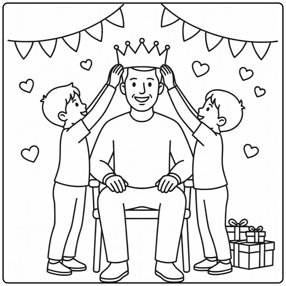 Vaderdag kleurplaat vader met kroon van kinderen