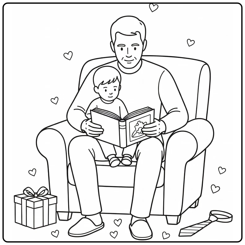 vaderdag kleurplaat vader leest boek aan kind met cadeau