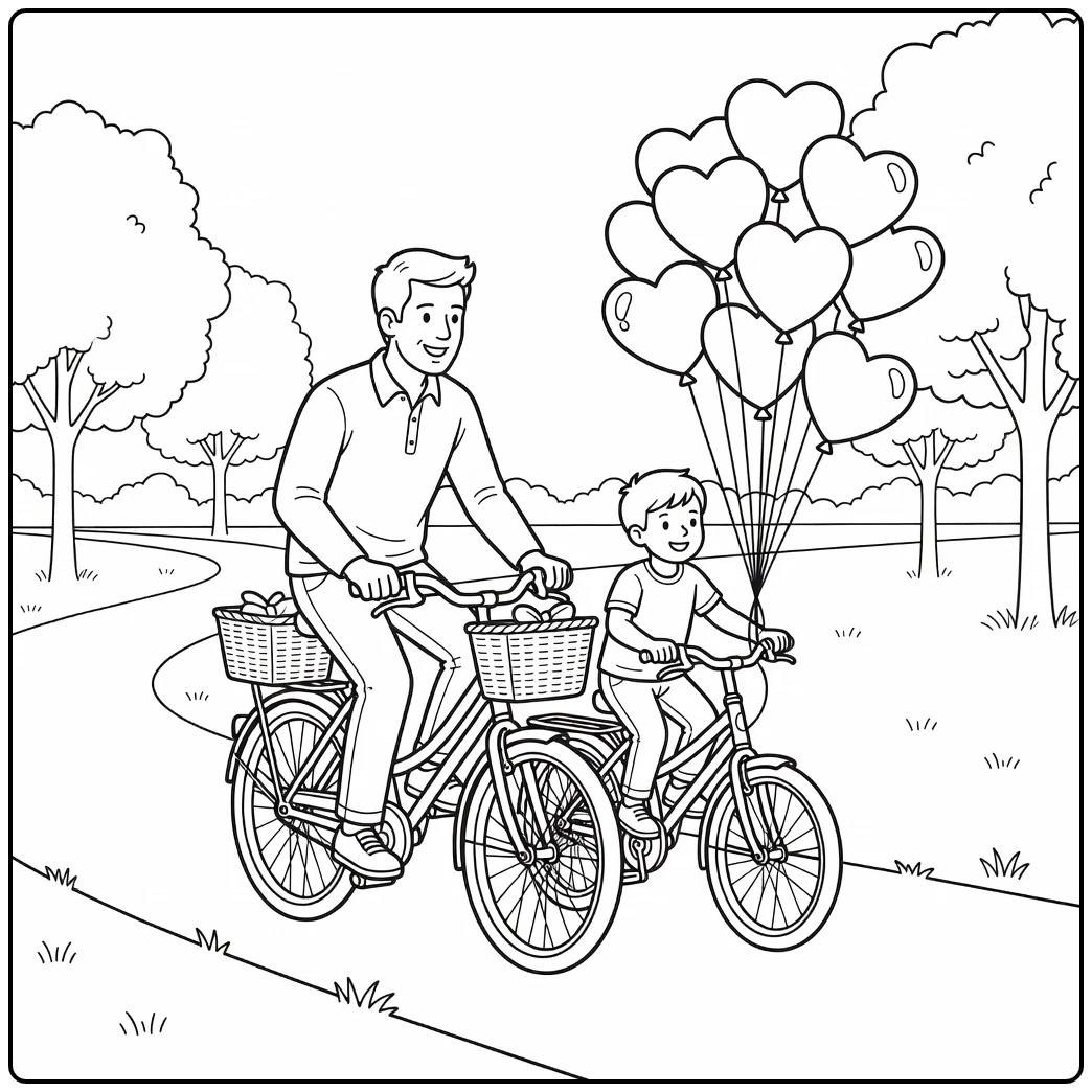 Vaderdag kleurplaat vader en kind fietsen in park