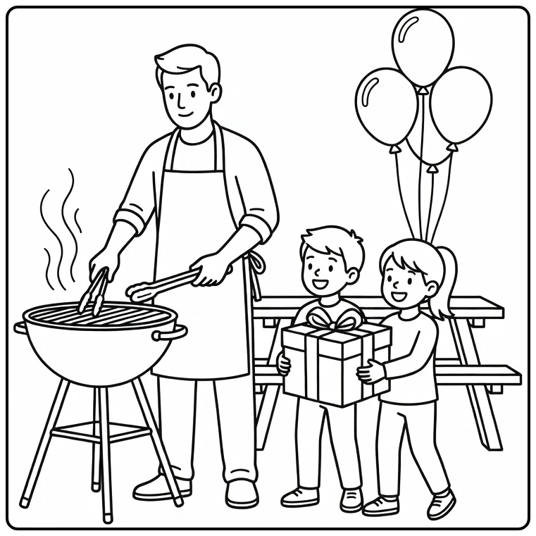 Vaderdag kleurplaat vader aan grill met kinderen en cadeau
