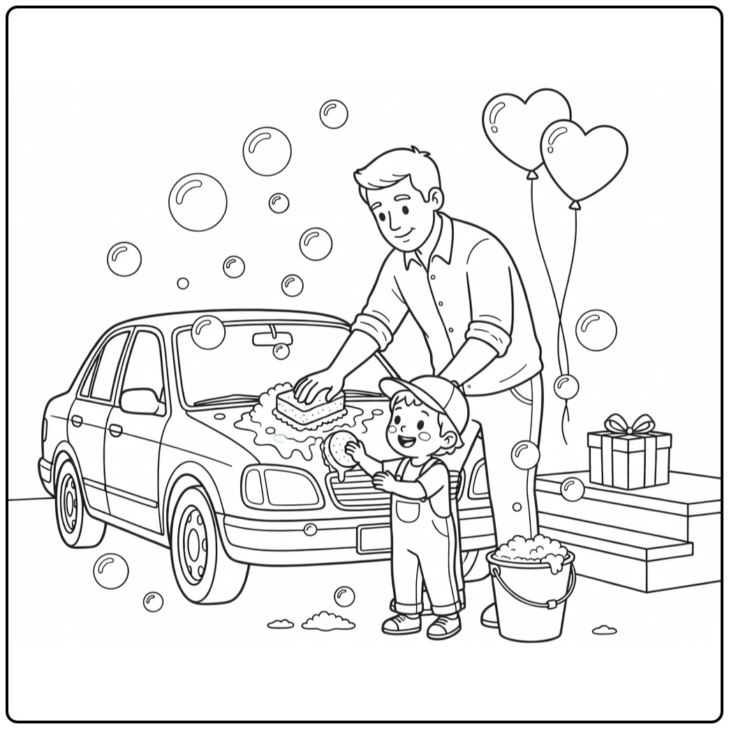 Vaderdag kleurplaat vader en kind wassen auto met ballonnen