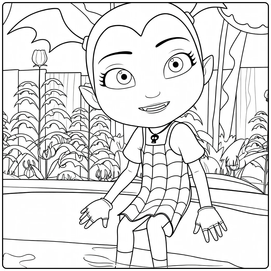 Vampirina Kleurplaat zittend in bloementuin