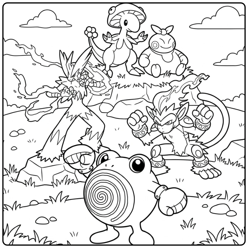Vechtend pokemon kleurplaat: strijdende monsters