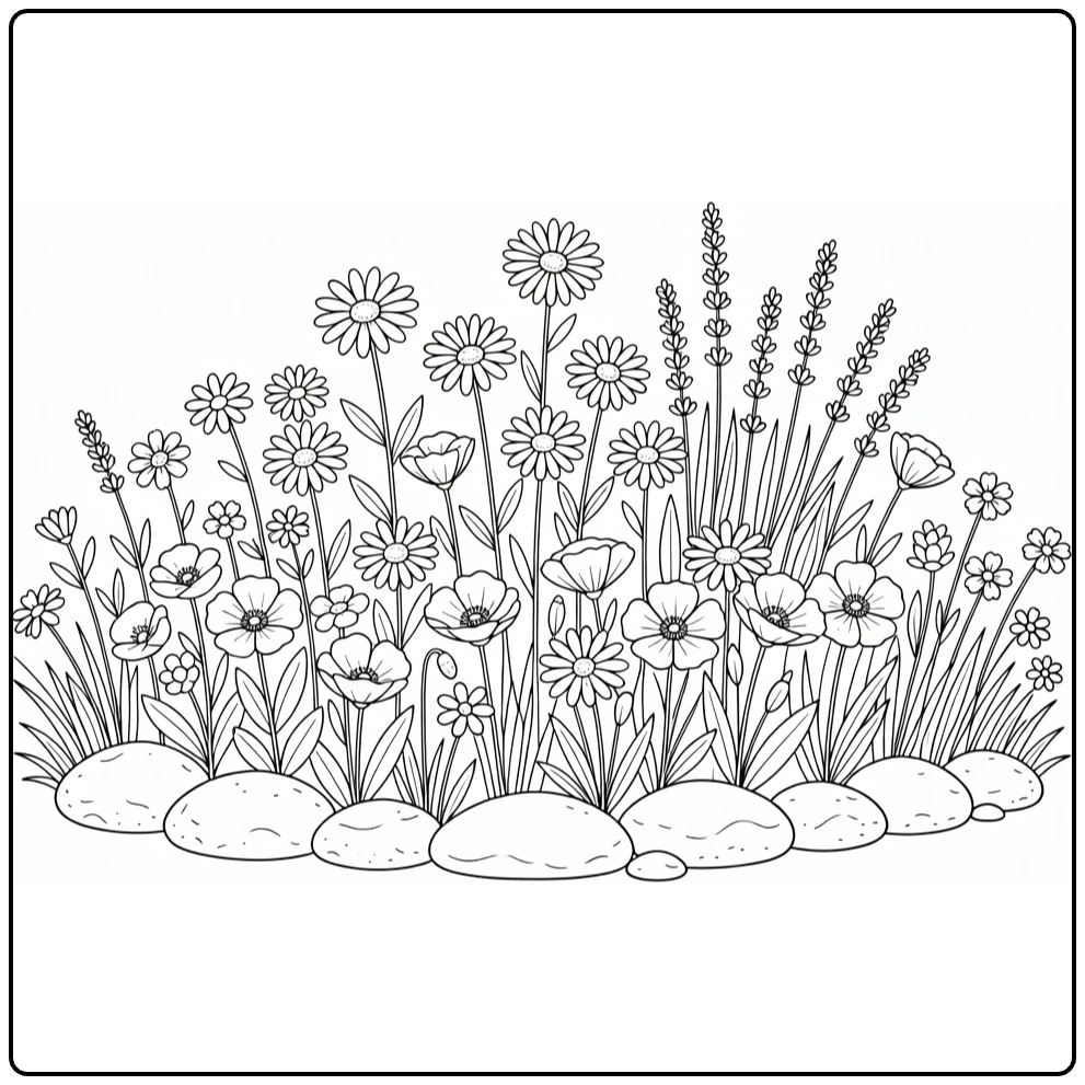 veld bloemen kleurplaat met bloemen rond stenen border