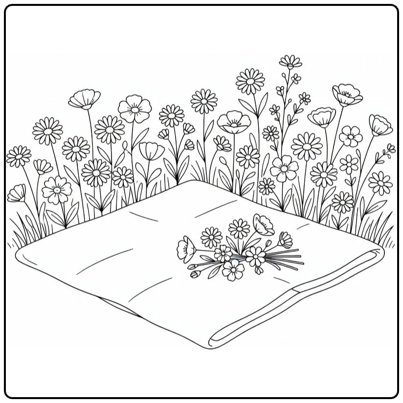 Veld bloemen kleurplaat met picknickdeken en bloembos