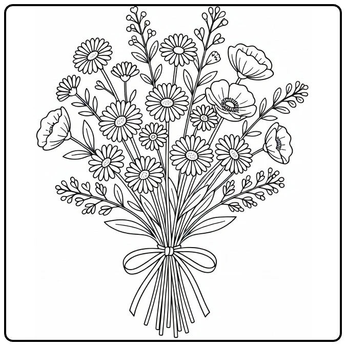 Veld bloemen kleurplaat boeket met madeliefjes en klaprozen