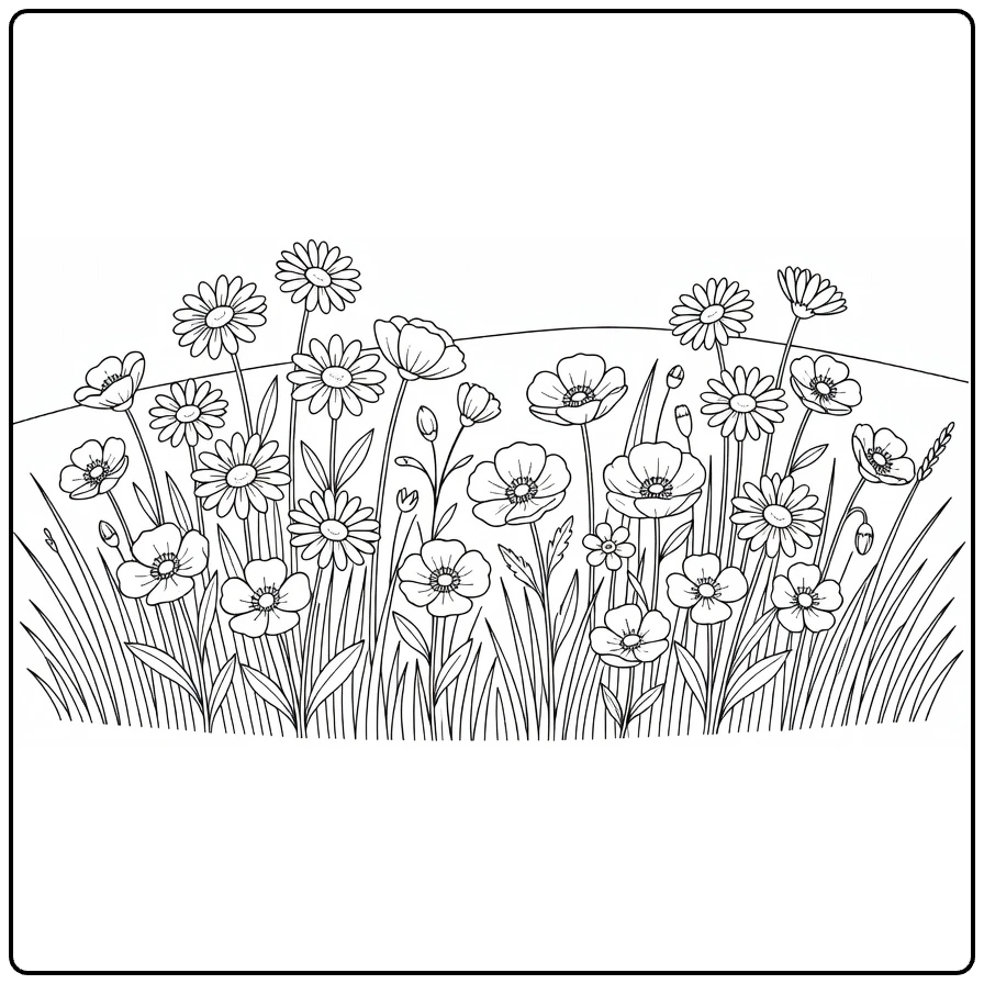 Veld bloemen kleurplaat met klaprozen en madeliefjes
