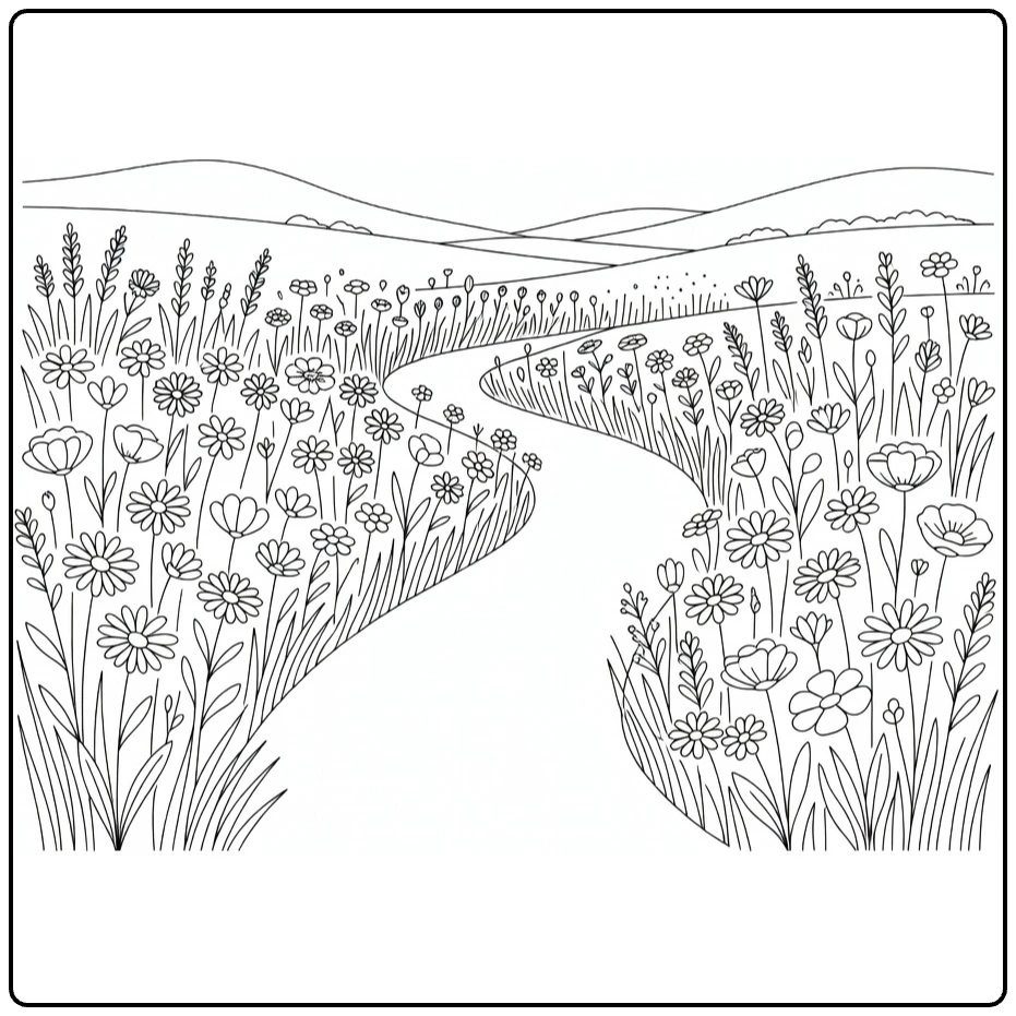 Veld bloemen kleurplaat met pad door bloemenveld