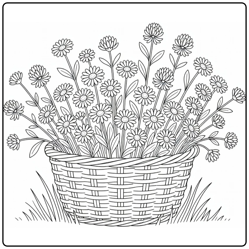 Veld bloemen kleurplaat met mand vol wilde bloemen