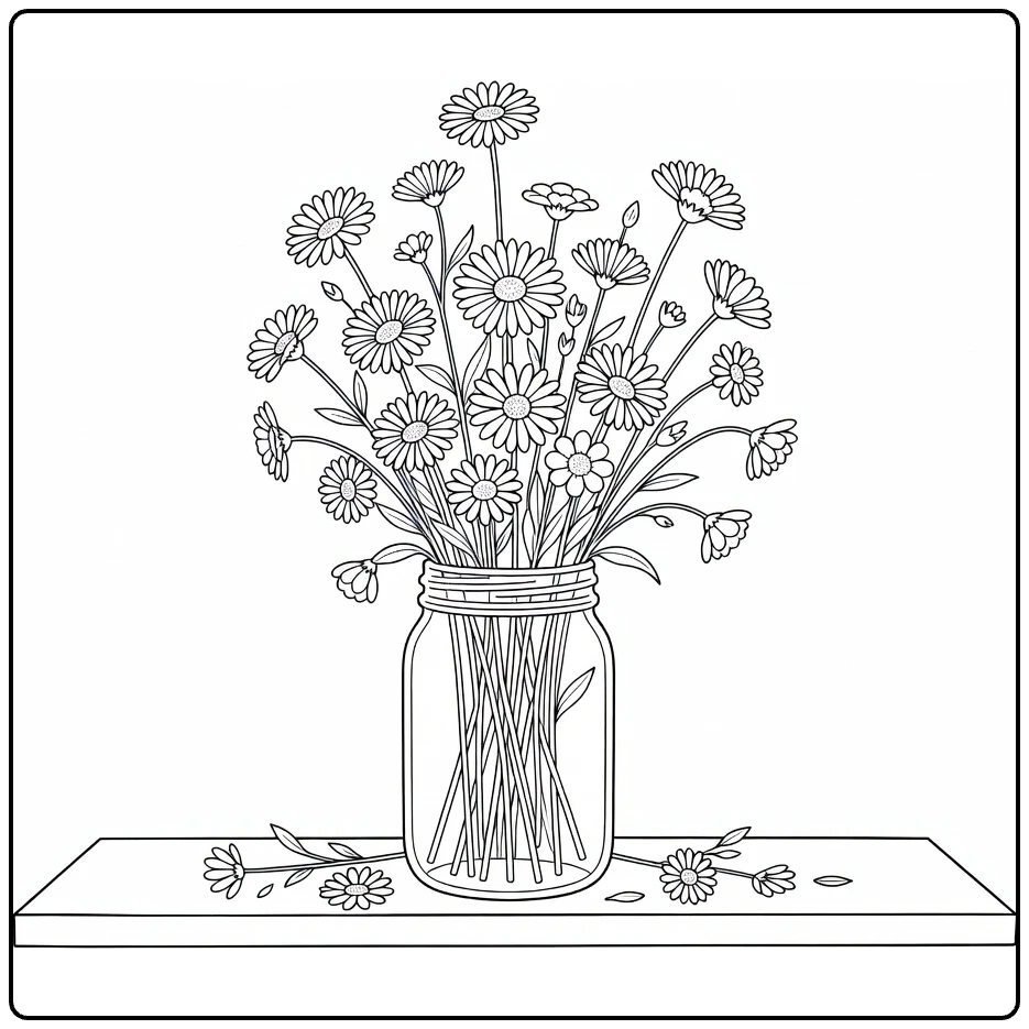 Veld bloemen kleurplaat met bloemen in pot op vensterbank