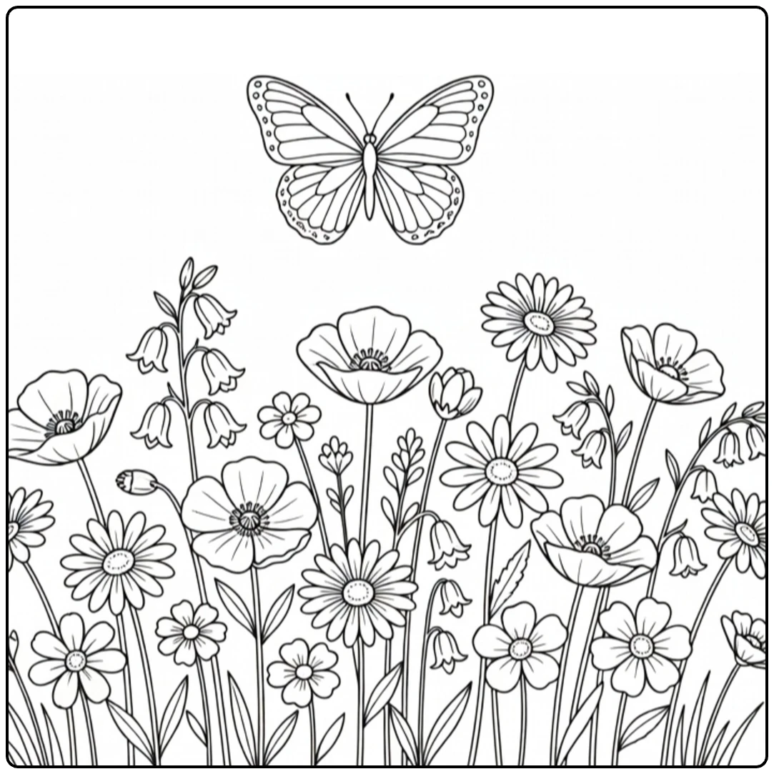 Mooie veld bloemen kleurplaat met vlinder erboven