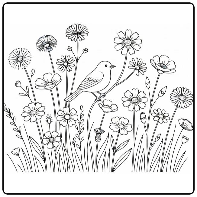 Veld bloemen kleurplaat met vogel op gebogen stengel