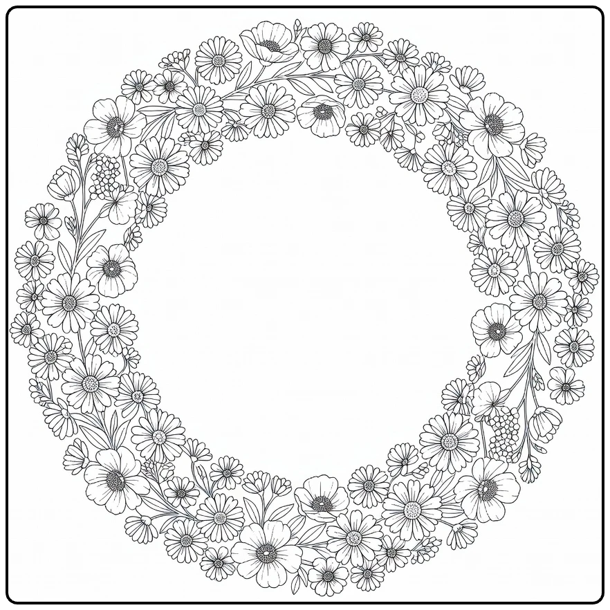 Veld bloemen kleurplaat met ronde krans van gemengde veld bloemen