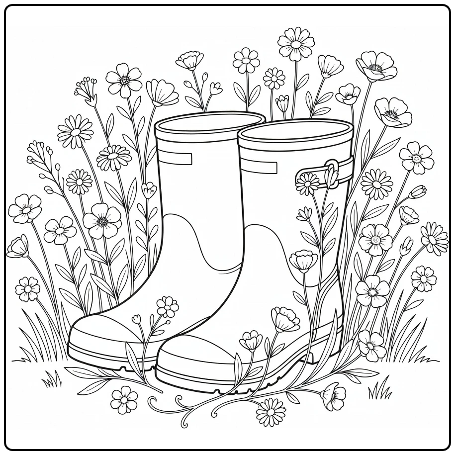 veld bloemen kleurplaat met laarzen en bloemen