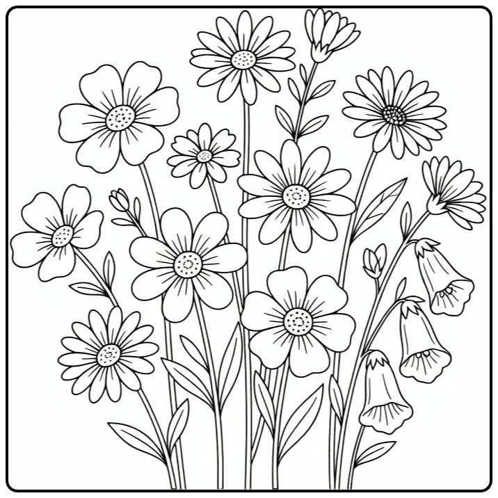 Veld bloemen kleurplaat met diverse bloemvormen en stelen