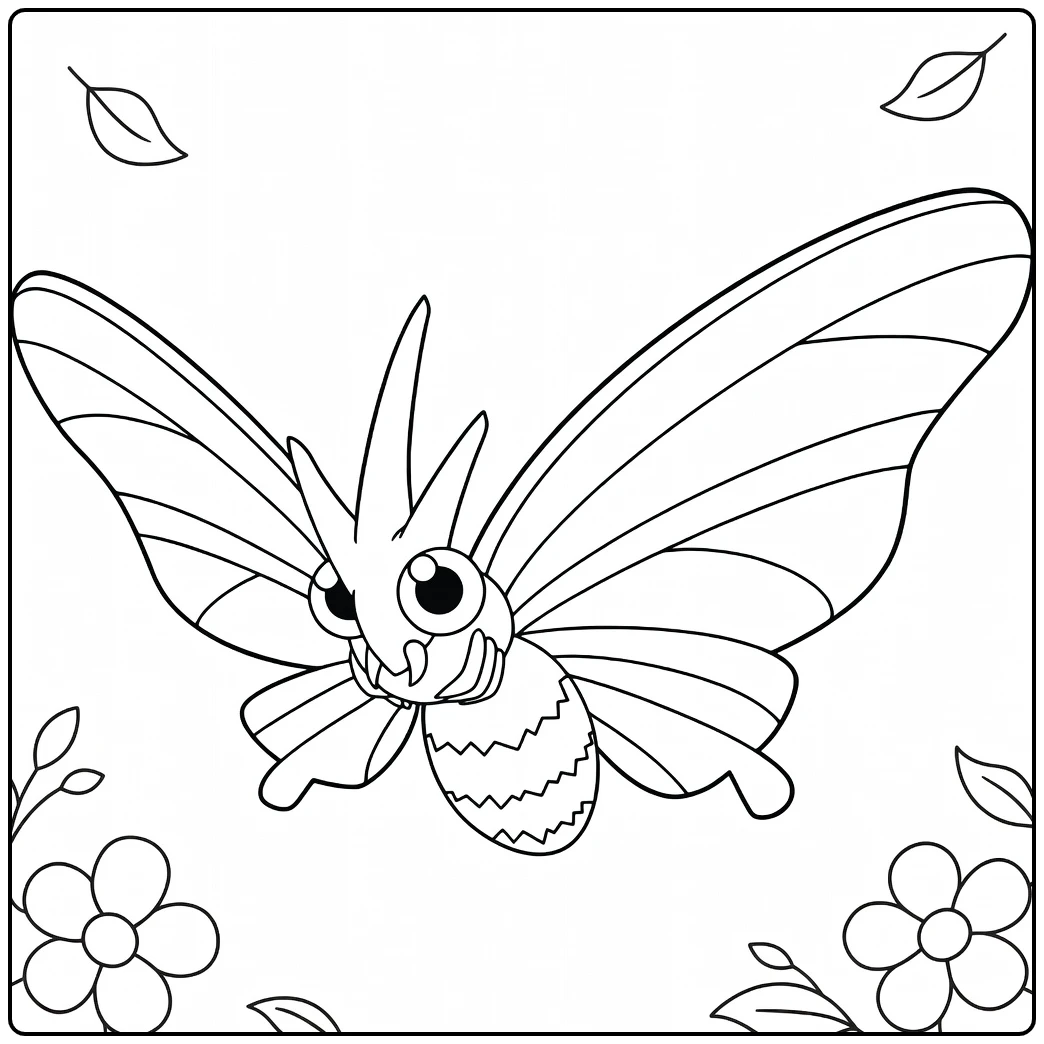 Venomoth Kleurplaat: schattige mot Pokémon met bloemen