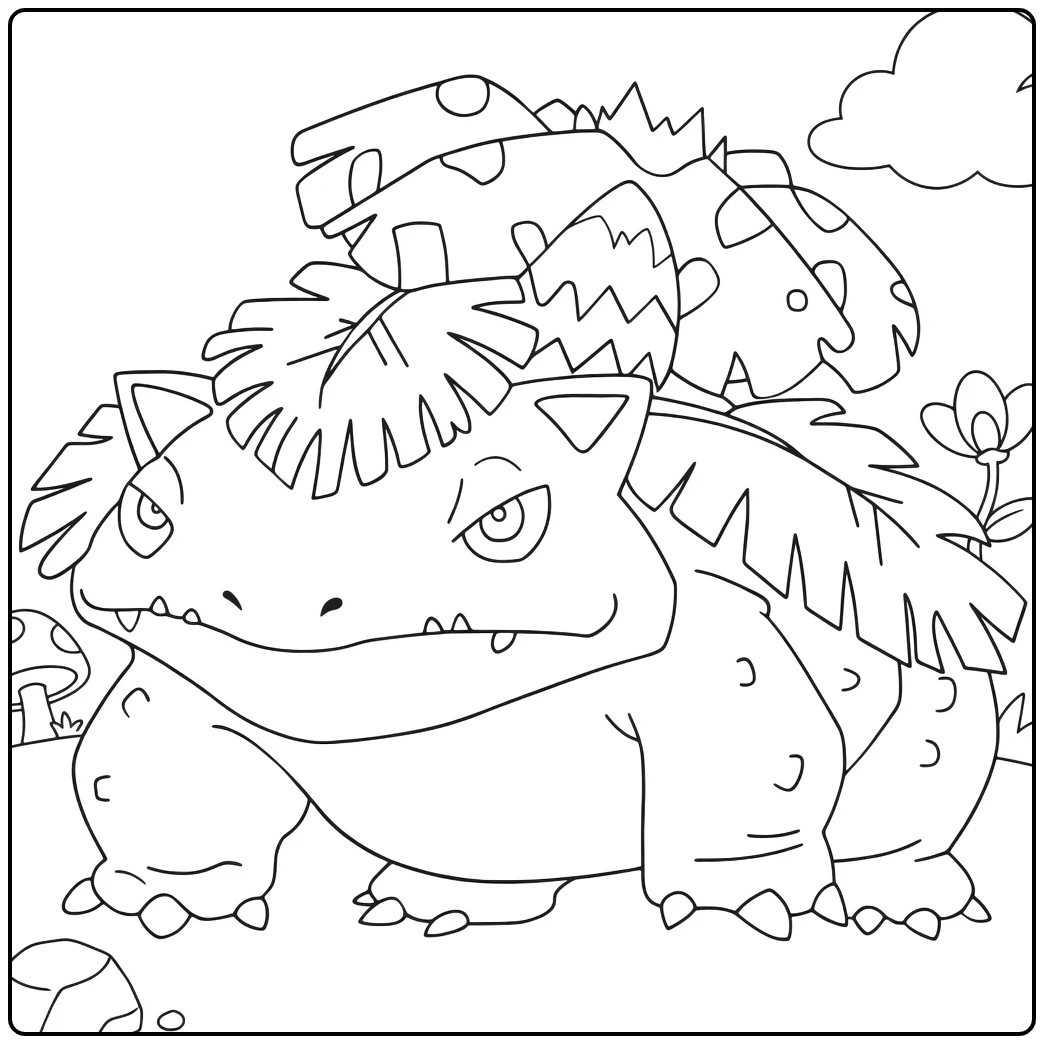 Venusaur Kleurplaat met bloem, paddo's en wolken