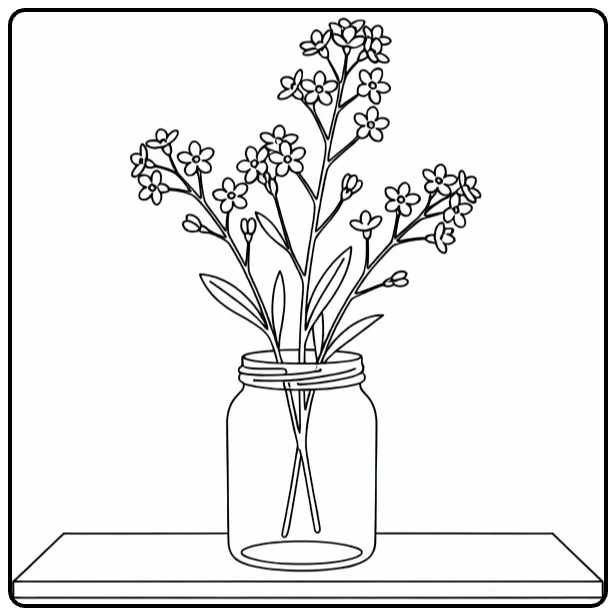 vergeet mij nietje kleurplaat met bloem in glazen potje