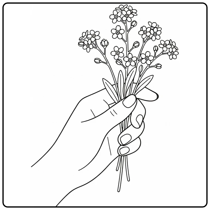 vergeet mij nietje kleurplaat met hand en bloemen